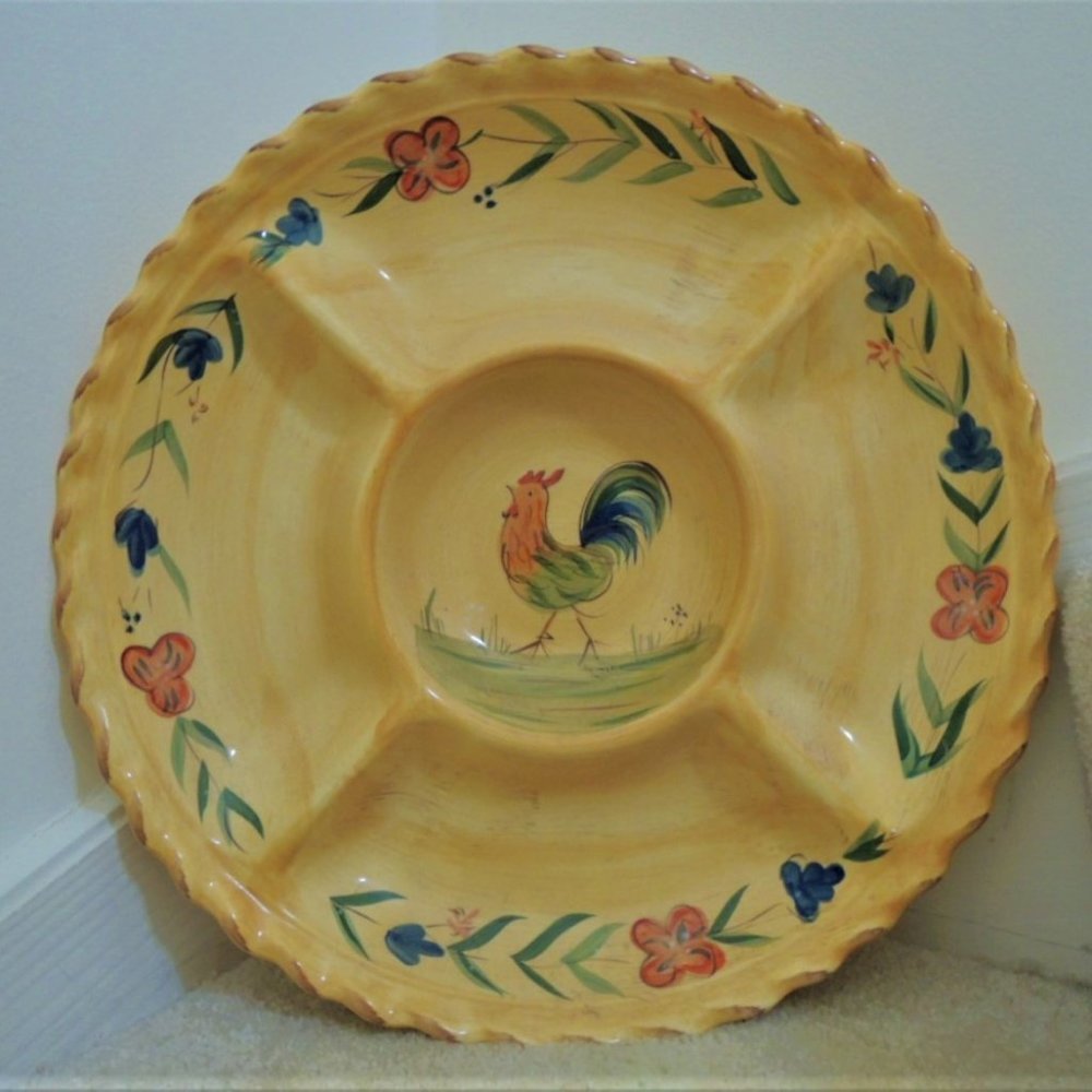 Serving Platter Handpainted Chicken Motif 5 Compartment Slotted Dish Vtg 80s